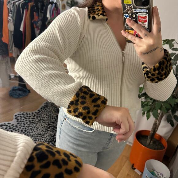 Cache Full Zip Rib Knit Long Sleeve Cardigan Sweater Cream Size Small - Picture 4 of 5